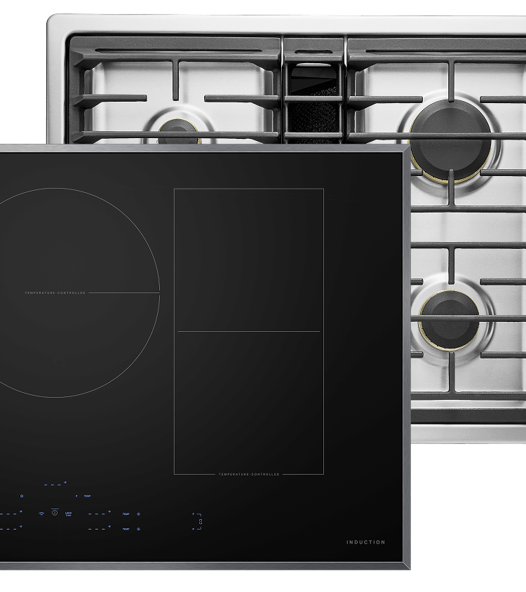 A JennAir® Lustre Induction Cooktop and a JennAir® Lustre Gas Cooktop.