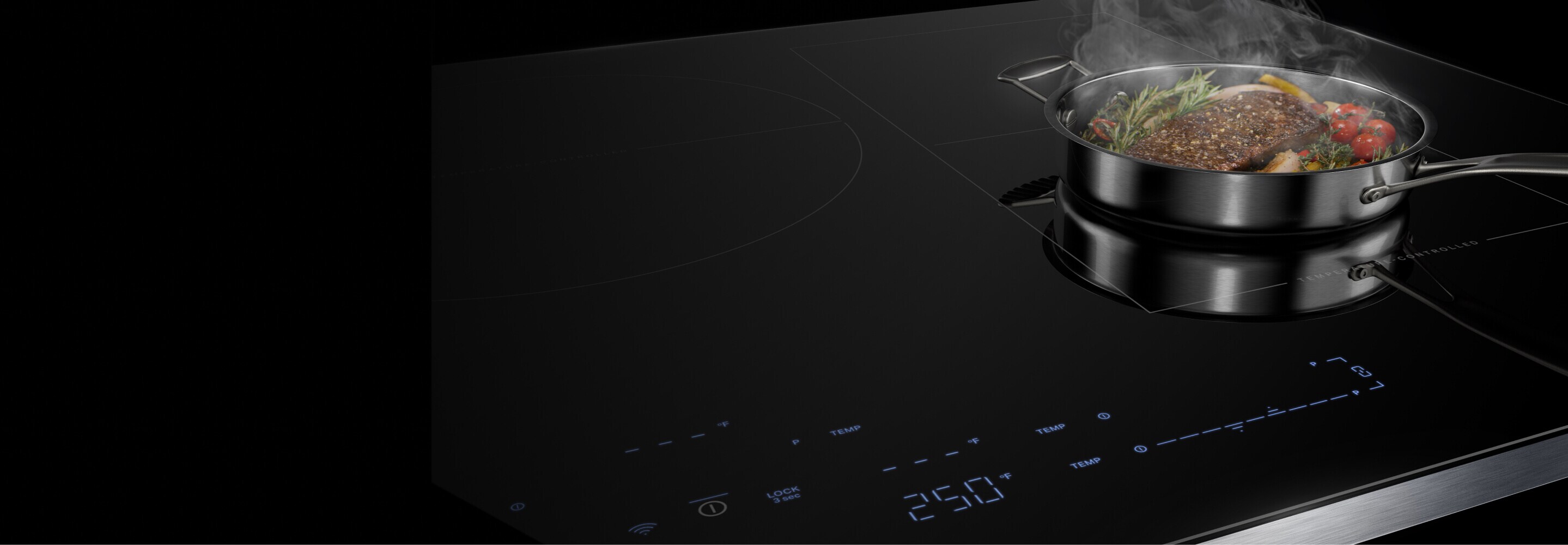 A steaming pan on an induction cooktop.