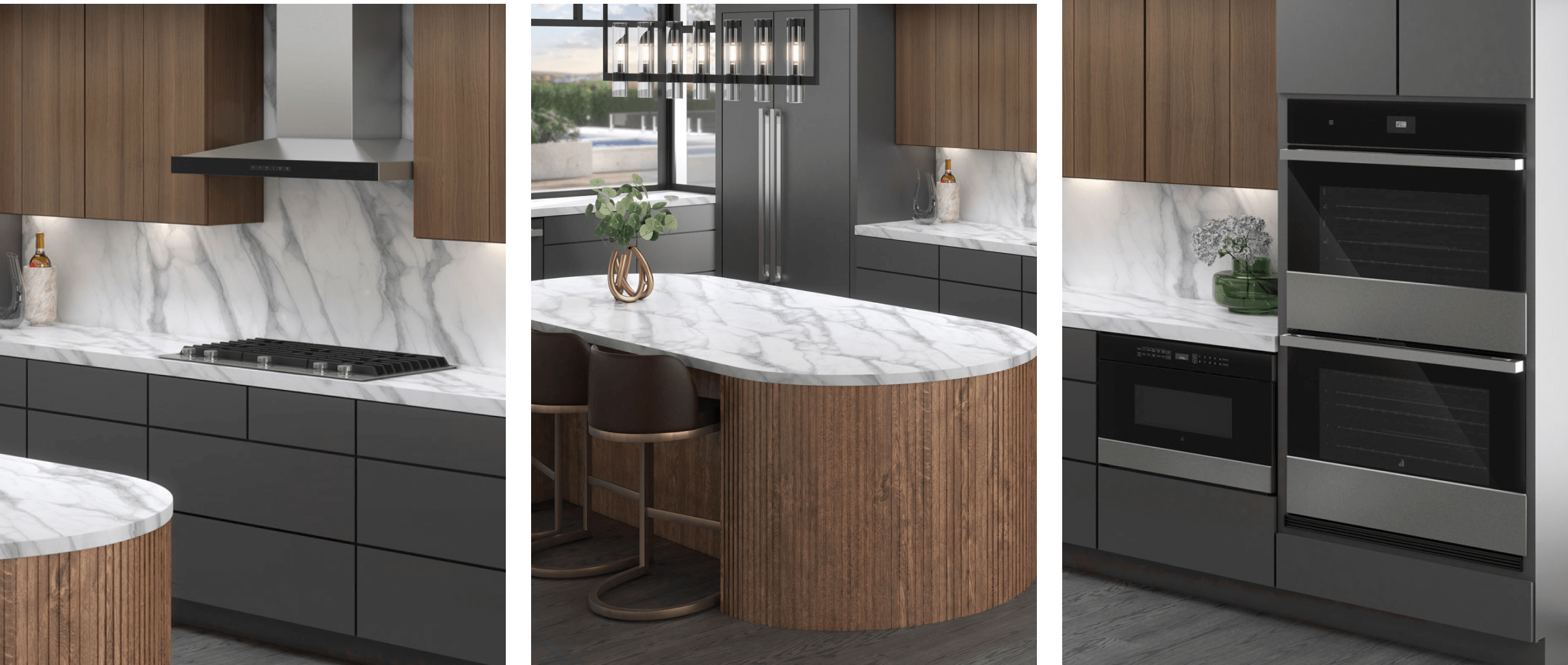 A collage of images featuring a JennAir® gas cooktop, freestanding refrigerator, double wall oven and undercounter microwave drawer.