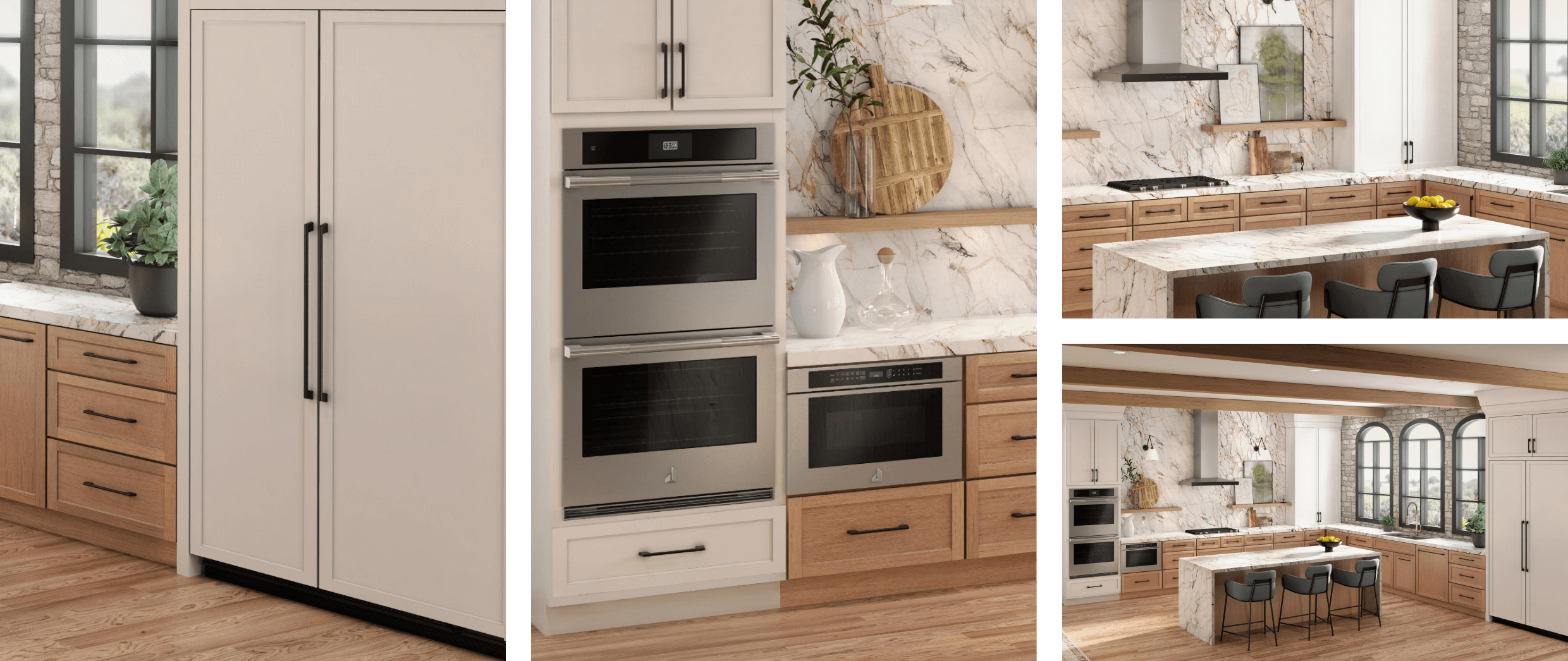 A collage of images including a JennAir® side-by-side built-in refrigerator fitted with white custom panels to match cabinetry; a 30-inch microwave combination wall oven installed in a white kitchen; a cooktop and vent hood installed in a white kitchen; a panel-ready dishwasher installed with a custom panel to match the wooden cabinetry. A collage of images including a JennAir® side-by-side built-in refrigerator fitted with white custom panels to match cabinetry; a 30-inch microwave combination wall oven installed in a white kitchen; a cooktop and vent hood installed in a white kitchen; a panel-ready dishwasher installed with a custom panel to match the wooden cabinetry.