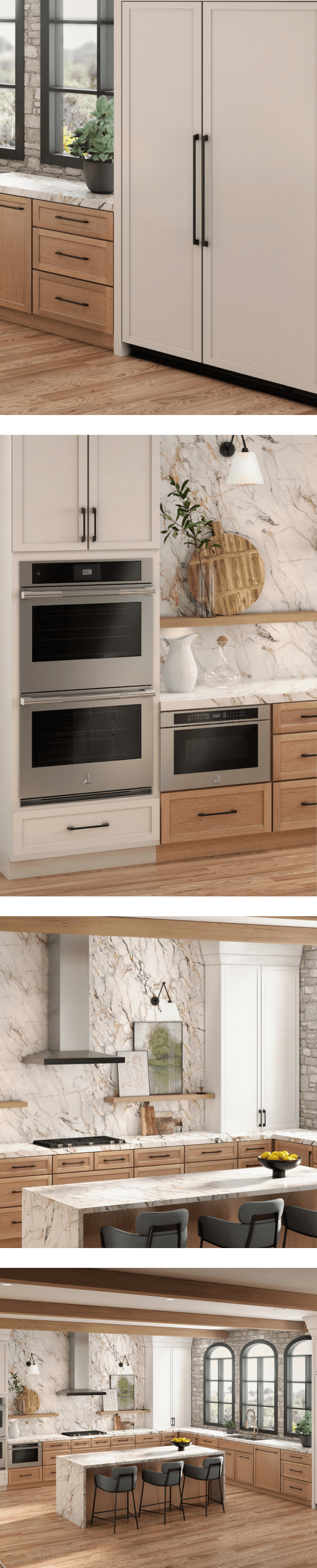 A collage of images including a JennAir® side-by-side built-in refrigerator fitted with white custom panels to match cabinetry; a 30-inch microwave combination wall oven installed in a white kitchen; a cooktop and vent hood installed in a white kitchen; a panel-ready dishwasher installed with a custom panel to match the wooden cabinetry.