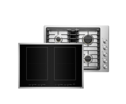 An induction cooktop with brushed metal trim and a brushed metal gas cooktop. An induction cooktop with brushed metal trim and a brushed metal gas cooktop.