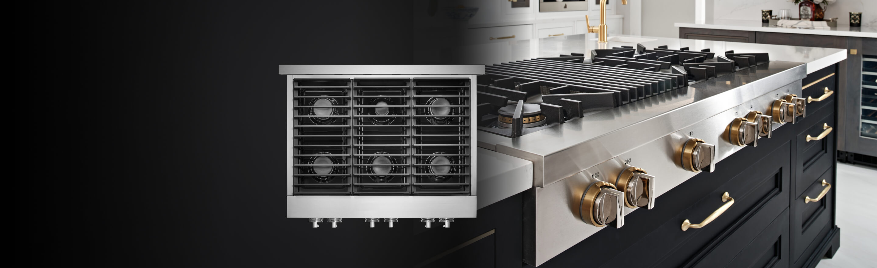 A JennAir® Gas Rangetop and a JennAir® Gas Rangetop in a kitchen with black cabinets. 