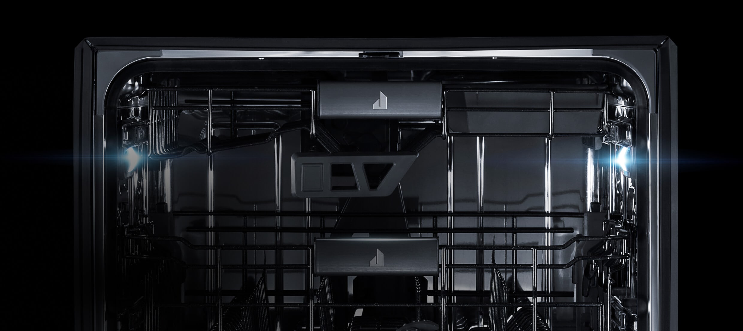 LED lights illuminating the interior of a dishwasher.