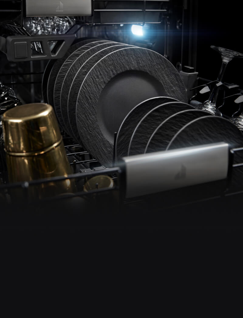 Closeup of clean, dry dishes in Obsidian Racks and illuminated by LED lighting.