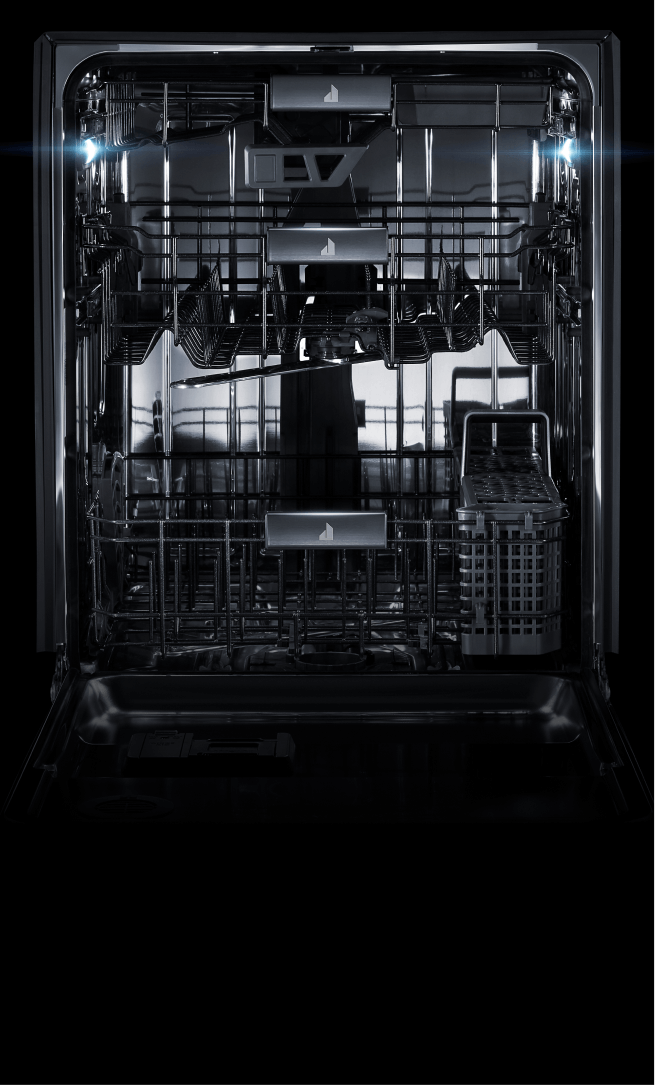 LED lights illuminating the interior of a dishwasher.