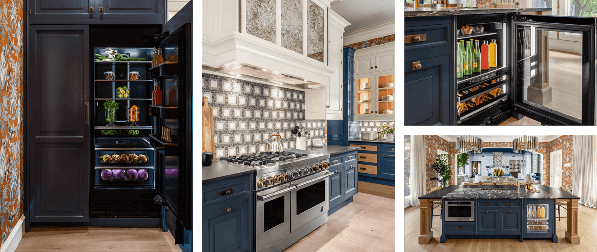 A collage of images including a pair of JennAir® Columns fitted with custom wooden panels; a JennAir® RISE™ Professional-Style Range in the kitchen; an open JennAir® Beverage Center; an overall view of the kitchen showing a microwave drawer and beverage center.