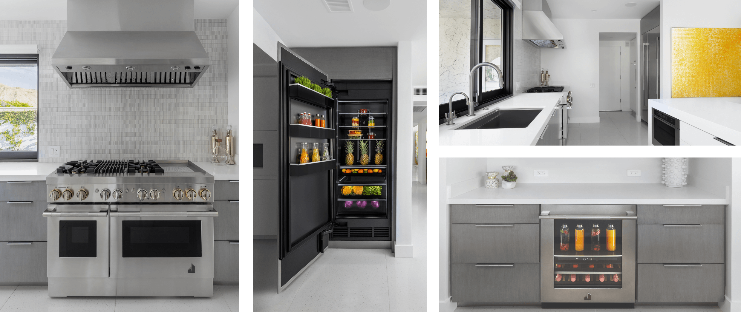 A collage of images including a JennAir® 48" RISE™ Dual-Fuel Range and 48" Pro Wall-Mount Hood in a gray kitchen; A JennAir® RISE™ Column Refrigerator open and stocked with fresh fruits, vegetables and juice; a white kitchen with stainless accents and appliances; a JennAir® RISE™ Beverage Center stocked with fresh juice, surrounded by gray drawers.