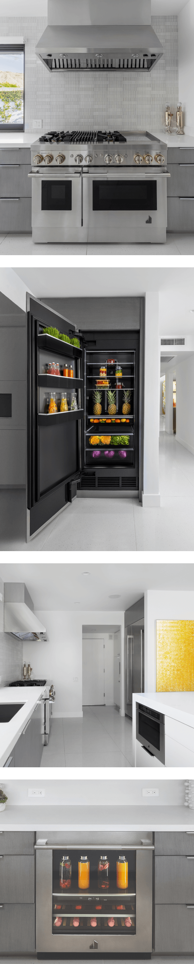 A collage of images including a JennAir® 48" RISE™ Dual-Fuel Range and 48" Pro Wall-Mount Hood in a gray kitchen; A JennAir® RISE™ Column Refrigerator open and stocked with fresh fruits, vegetables and juice; a white kitchen with stainless accents and appliances; a JennAir® RISE™ Beverage Center stocked with fresh juice, surrounded by gray drawers.