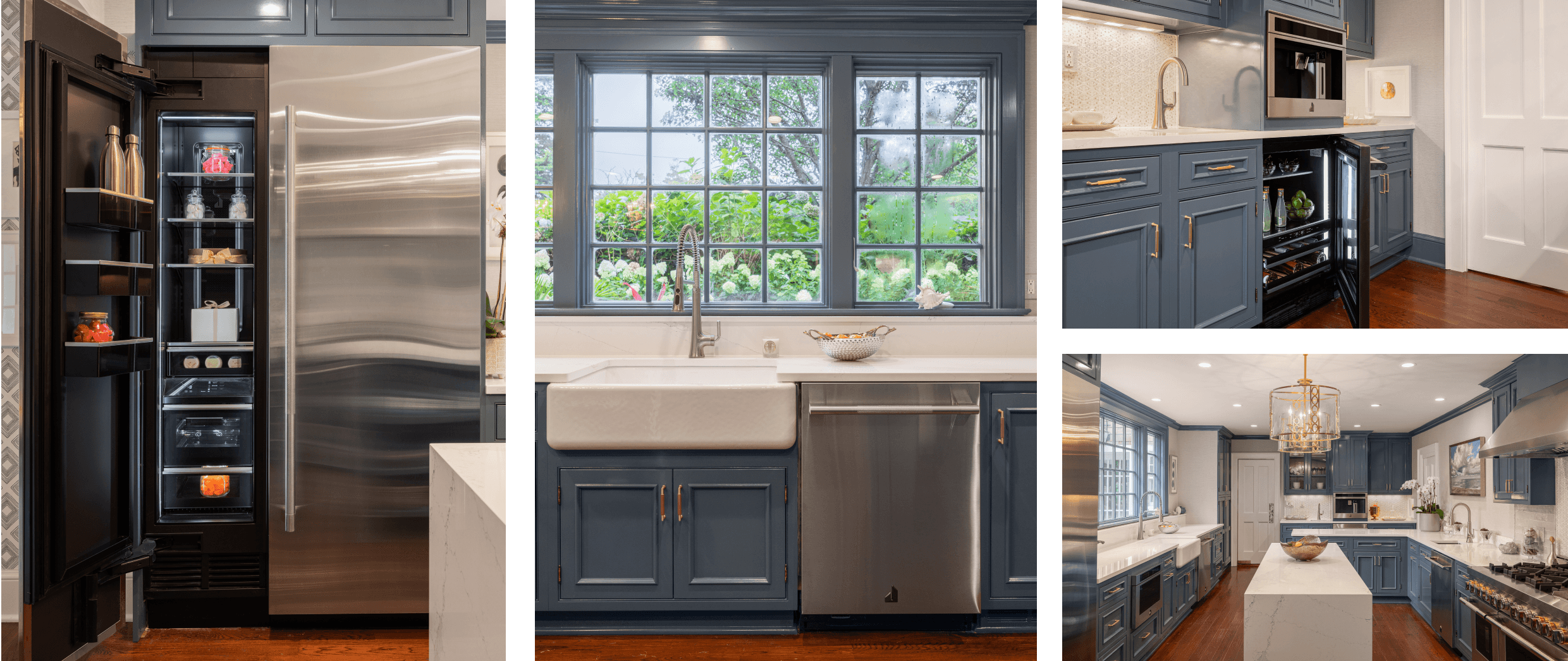 A collage of images including a JennAir® RISE™ Column Refrigerator and Freezer set; a JennAir® RISE™ Dishwasher next to a white farmhouse apron sink in a kitchen with blue cabinets; JennAir® RISE™ Built-In Coffee above an open JennAir® RISE™ Beverage Center; a white and blue kitchen with JennAir® appliances.