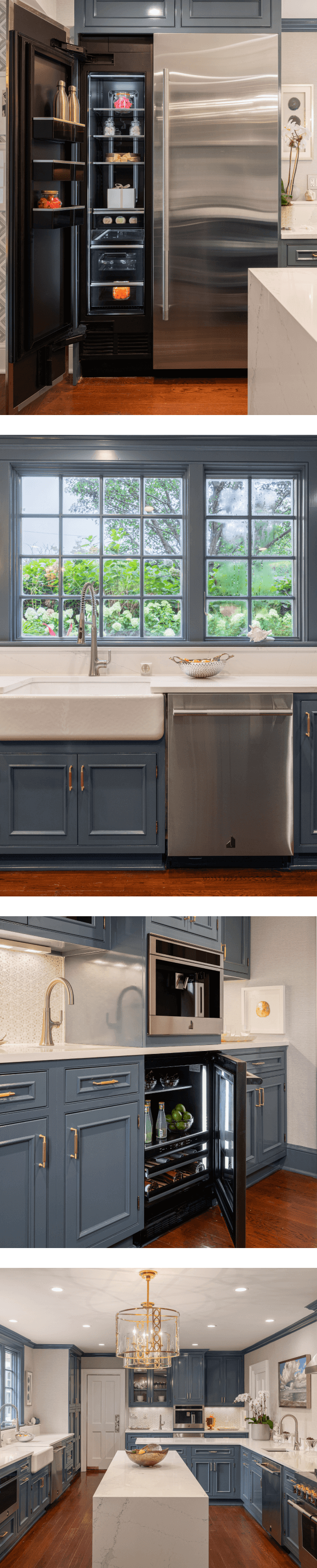 A collage of images including a JennAir® RISE™ Column Refrigerator and Freezer set; a JennAir® RISE™ Dishwasher next to a white farmhouse apron sink in a kitchen with blue cabinets; JennAir® RISE™ Built-In Coffee above an open JennAir® RISE™ Beverage Center; a white and blue kitchen with JennAir® appliances.