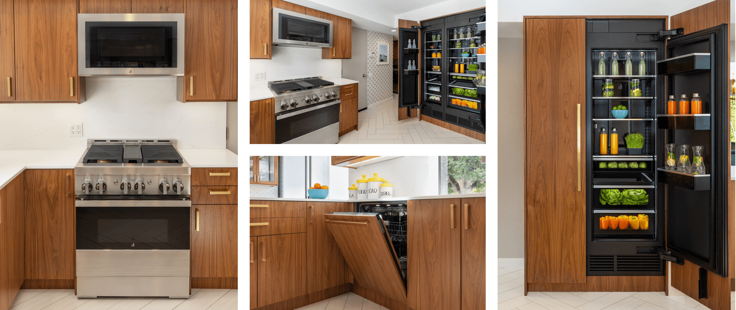 A collage of images including a straight-on view of a JennAir® NOIR™ Gas Range with a Microwave Hood Combination above it; another view of the kitchen, featuring a range, over-the-range hood and a pair of columns; a view of the kitchen focusing in on a panel-ready dishwasher; a pair of panel-ready columns with one open.