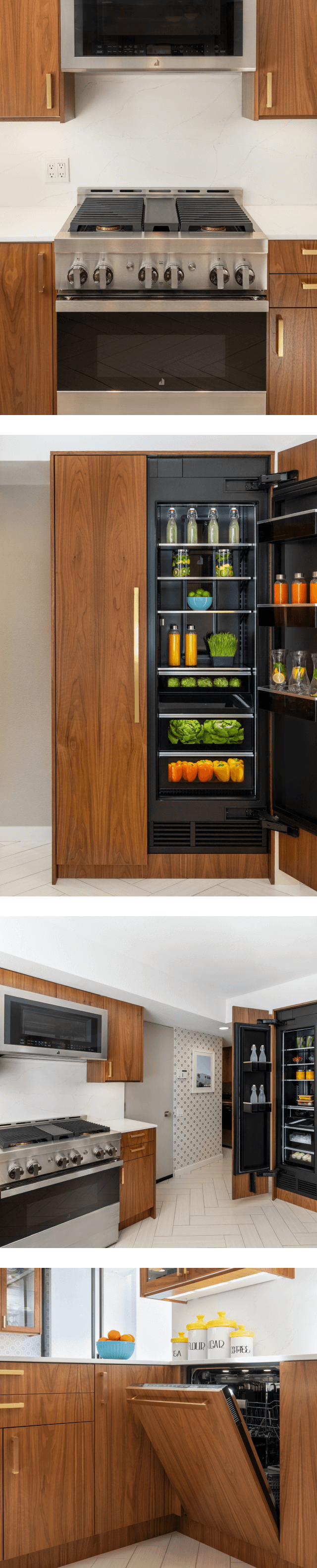 A collage of images including a straight-on view of a JennAir® NOIR™ Gas Range with a Microwave Hood Combination above it; another view of the kitchen, featuring a range, over-the-range hood and a pair of columns; a view of the kitchen focusing in on a panel-ready dishwasher; a pair of panel-ready columns with one open.