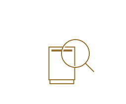 An icon of a dishwasher with a magnifying glass over it.