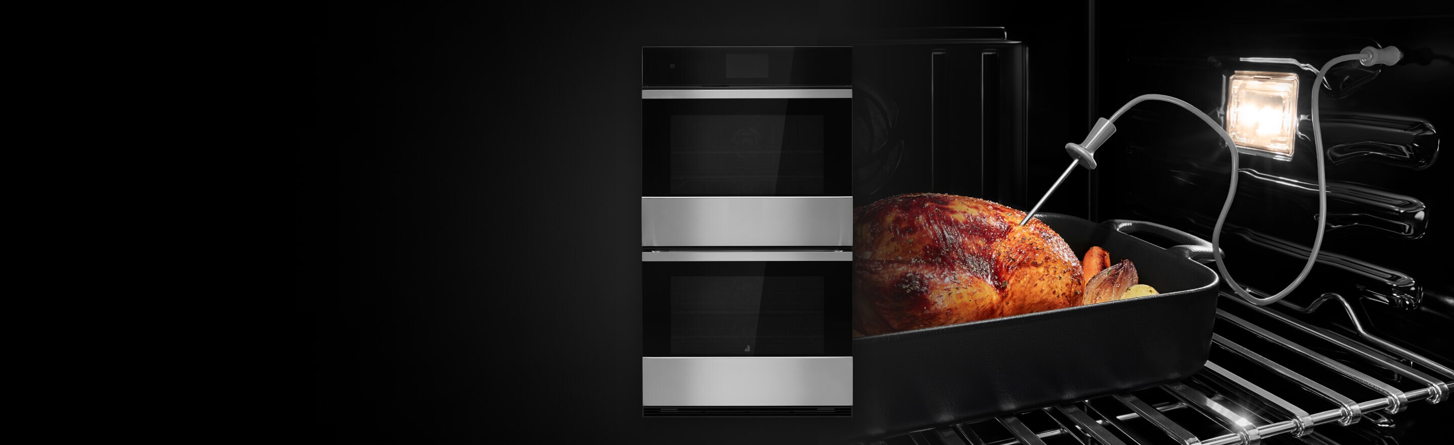 A JennAir® Wall Oven and the interior of a JennAir® Wall Oven with a roast chicken and temperature probe.