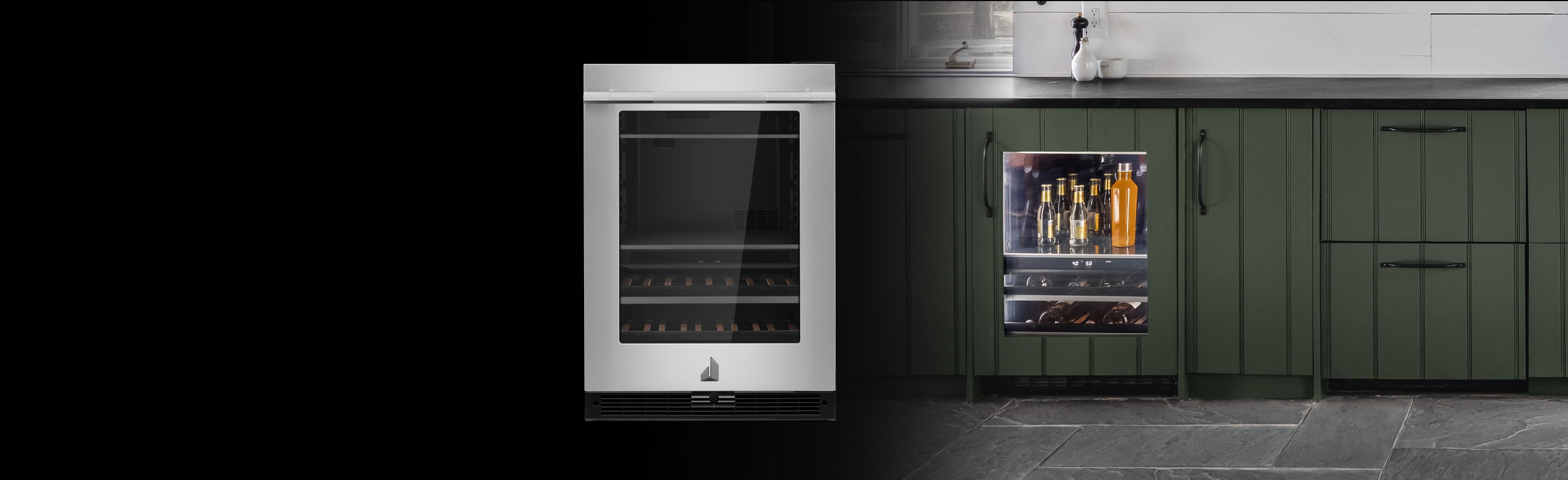 A JennAir® Undercounter Refrigeration with a custom cabinetry panel next to a NOIR™ undercounter refrigerator.