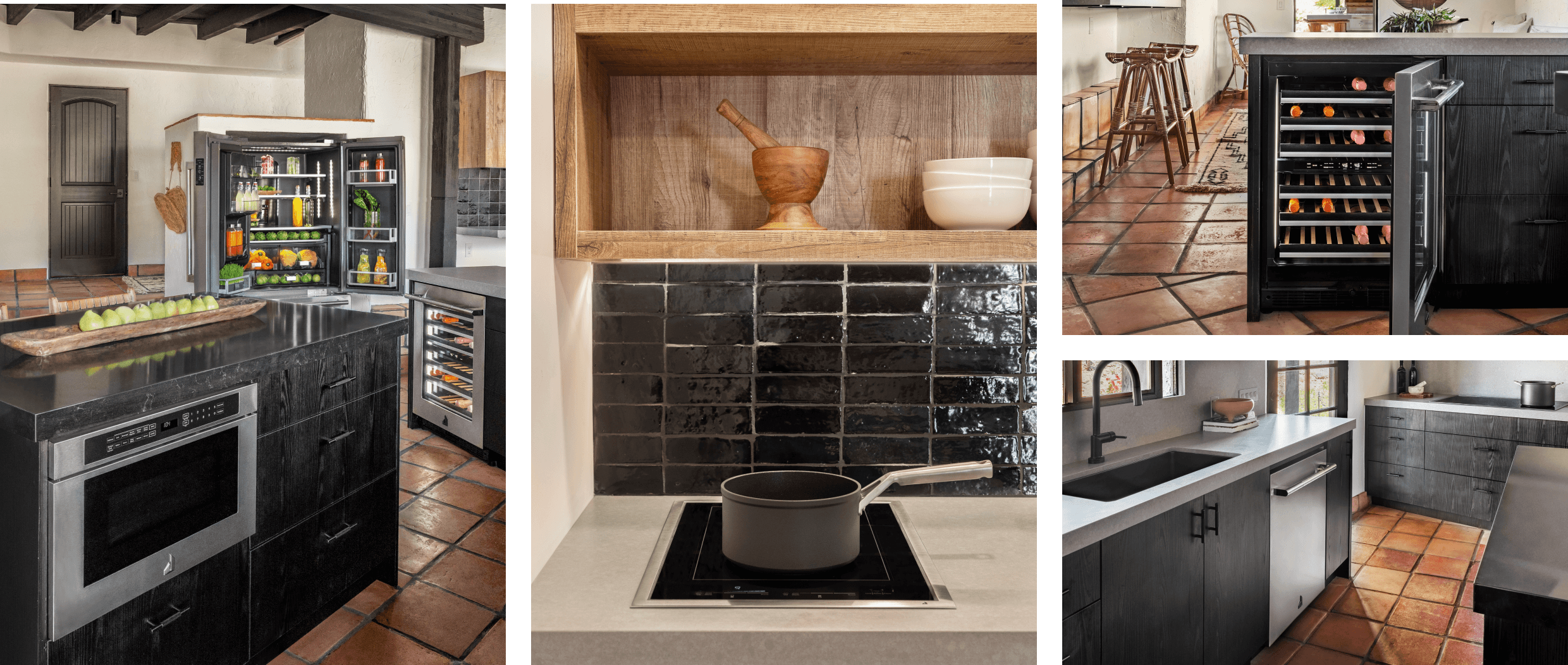 A collage of images including a JennAir® RISE Microwave drawer, an induction cooktop, wine cellar and dishwasher. A collage of images including a JennAir® RISE Microwave drawer, an induction cooktop, wine cellar and dishwasher.