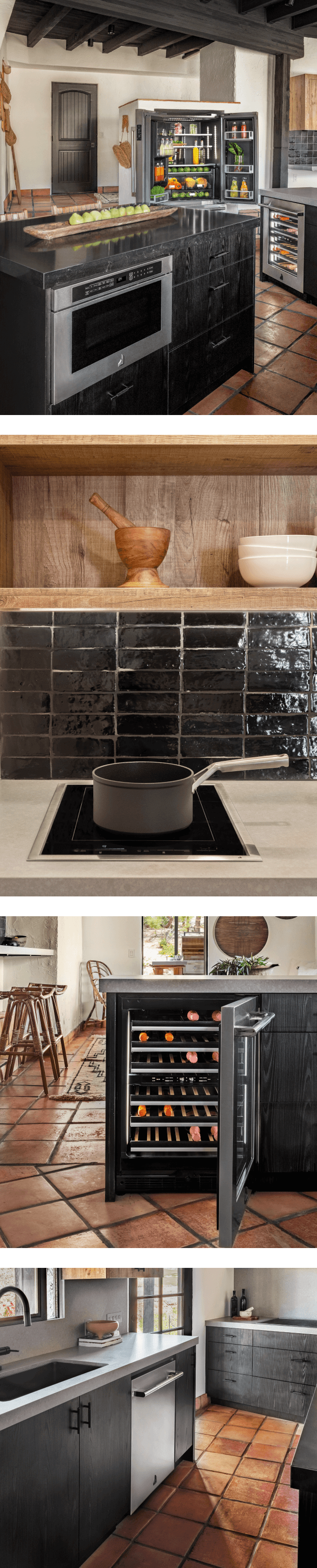A collage of images including a JennAir® RISE Microwave drawer, an induction cooktop, wine cellar and dishwasher. A collage of images including a JennAir® RISE Microwave drawer, an induction cooktop, wine cellar and dishwasher.