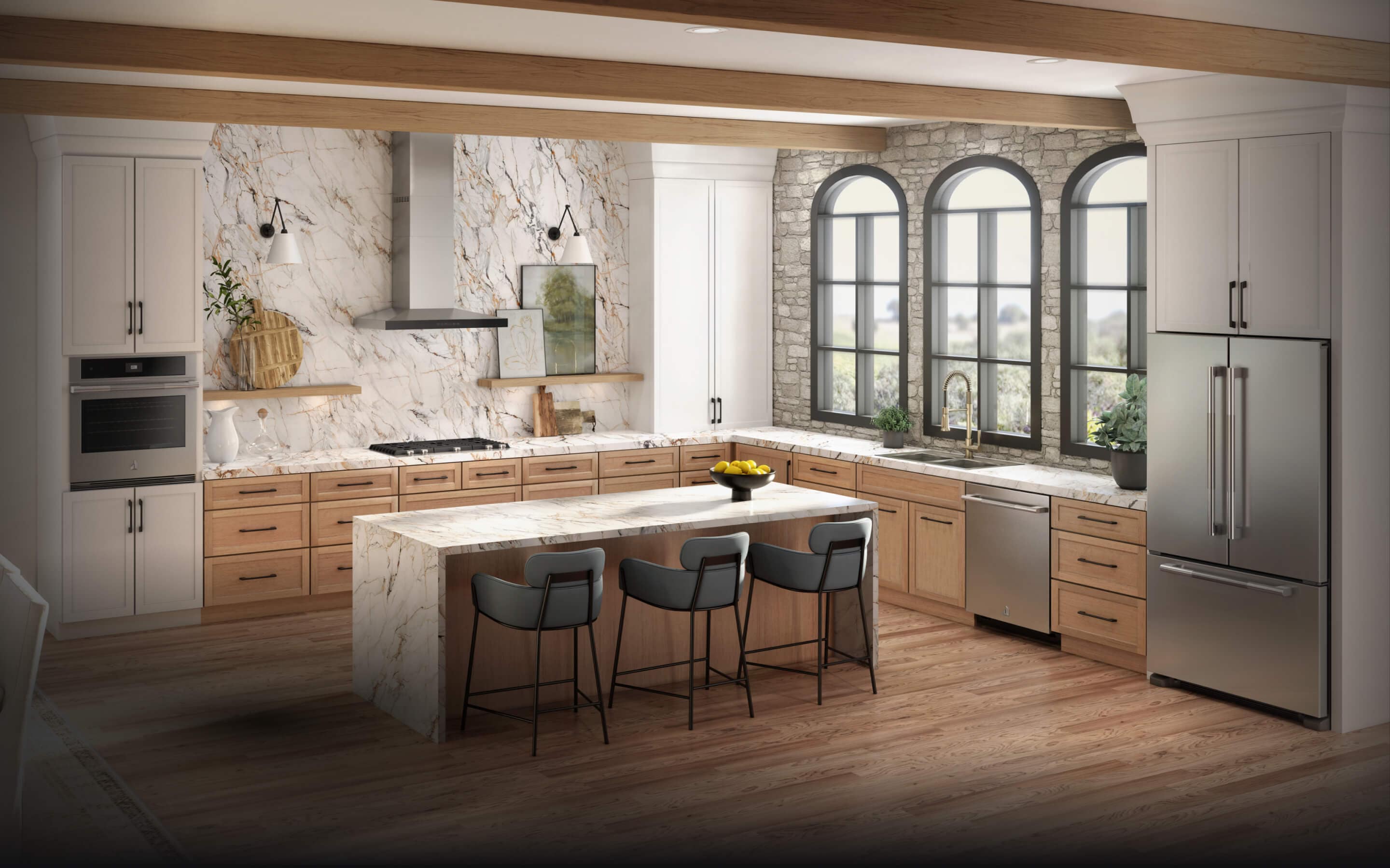 A kitchen featuring JennAir® appliances and a French Door Freestanding Refrigerator.