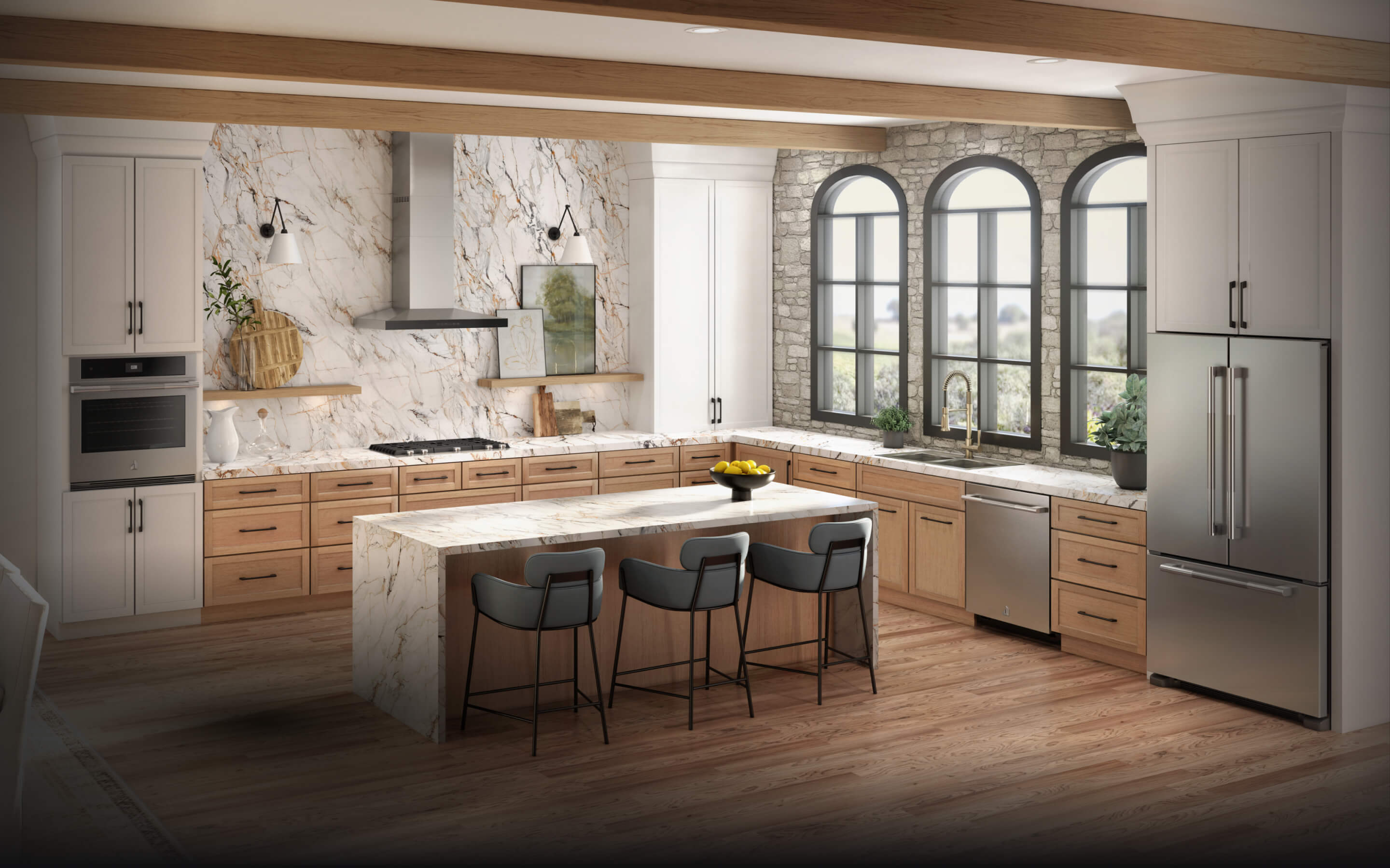 A kitchen featuring JennAir® appliances and a French Door Freestanding Refrigerator. A kitchen featuring JennAir® appliances and a French Door Freestanding Refrigerator.