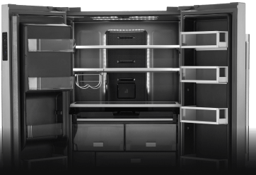 The dark Obsidian interior of a freestanding refrigerator. 