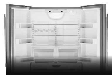 The white interior of a freestanding refrigerator.