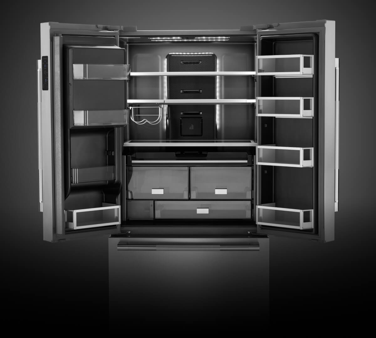 A freestanding refrigerator with Obsidian interior.
