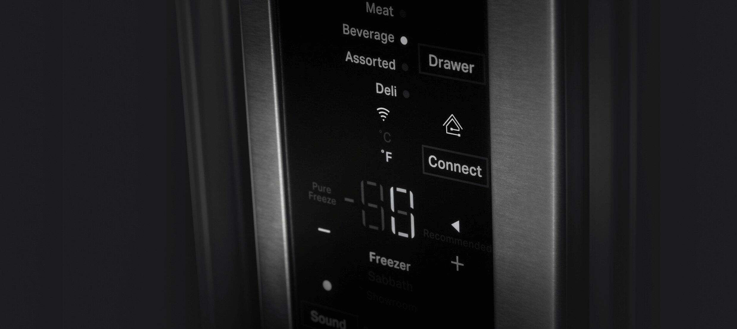 The UI of a freestanding refrigerator, showing the WiFi connection options.  The UI of a freestanding refrigerator, showing the WiFi connection options.