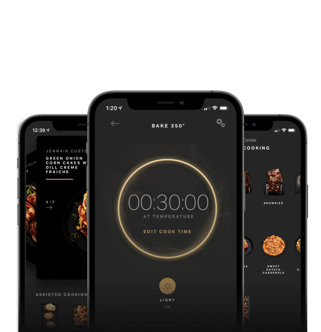 A series of 3 smartphones showing various screens of the JennAir® App.