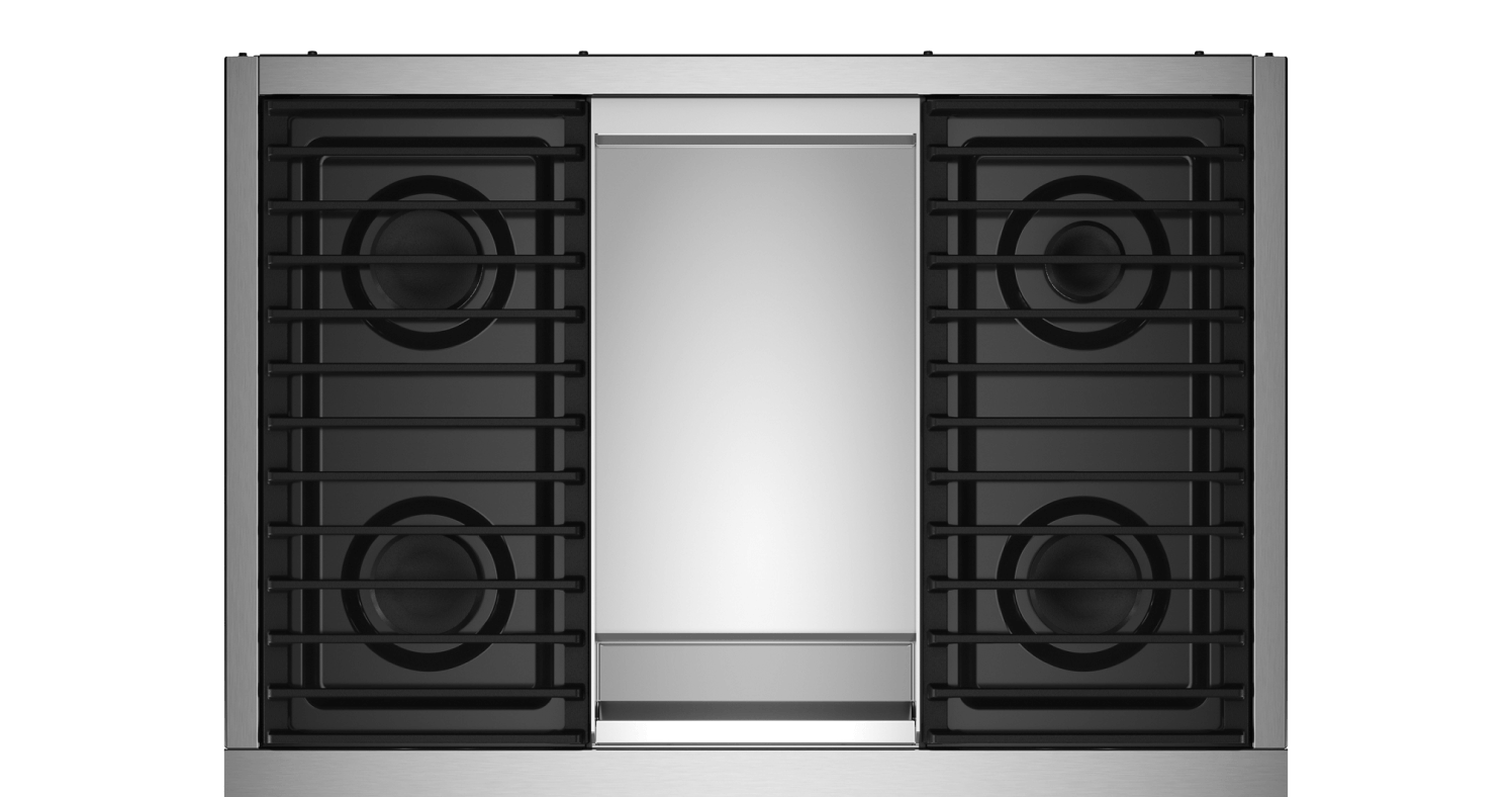 A top-down view of a range with a Chrome-Infused Griddle.