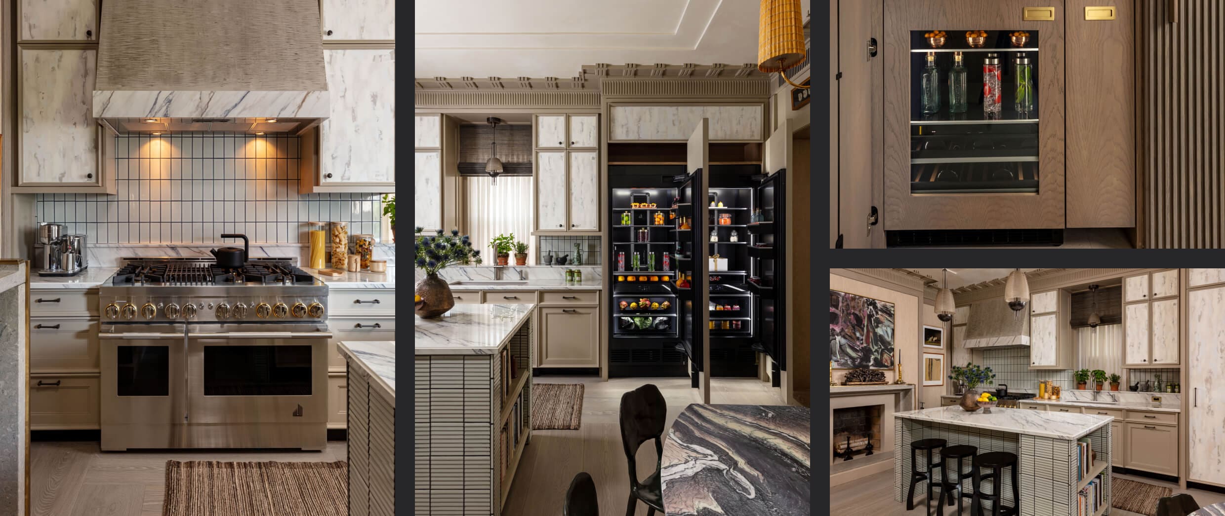 A collage of images including a kitchen featuring a JennAir® Range; a kitchen featuring two JennAir® Columns; close up of a JennAir® Beverage Center fitted with custom wooden panels; a complete view of the kitchen’s design.