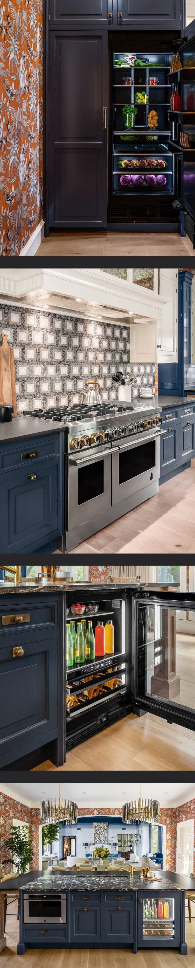 A collage of images including a pair of JennAir® Columns fitted with custom wooden panels; a JennAir® RISE™ Professional-Style Range in the kitchen; an open JennAir® Beverage Center; an overall view of the kitchen showing a microwave drawer and beverage center.
