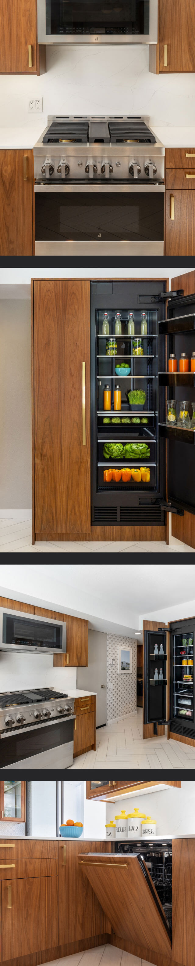 A collage of images including a straight-on view of a JennAir® NOIR™ Gas Range with a Microwave Hood Combination above it; another view of the kitchen featuring a range, over-the-range hood and a pair of columns; a view of the kitchen focusing in on a panel-ready dishwasher; a pair of panel-ready columns with one open.