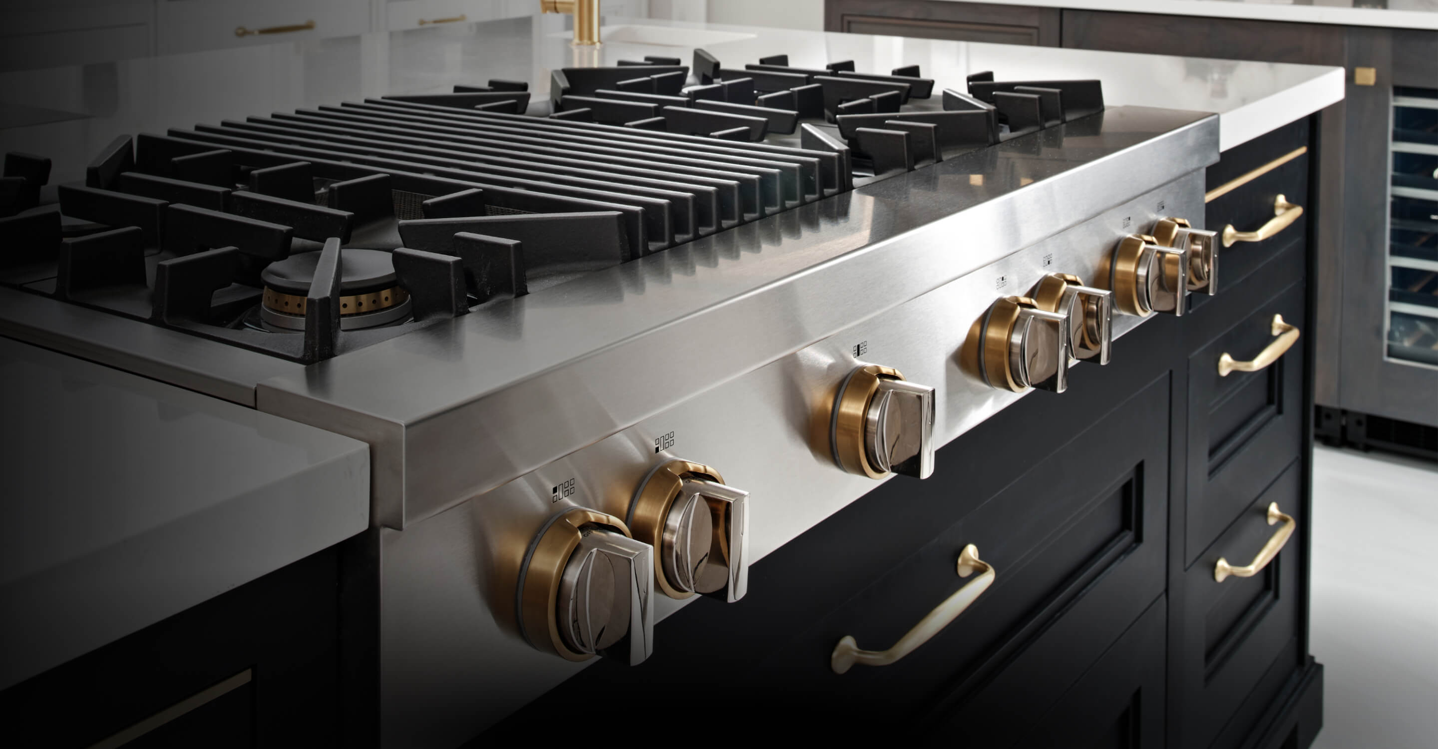 A JennAir® Gas Rangetop in a beautiful luxury kitchen.