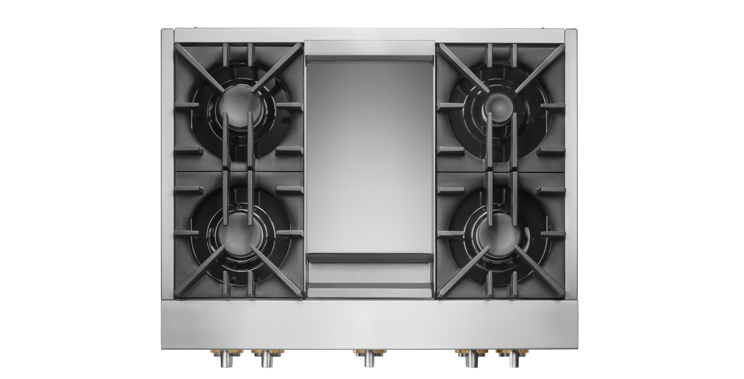 Top-down view of a JennAir® Gas Rangetop with Chrome-Infused Griddle.