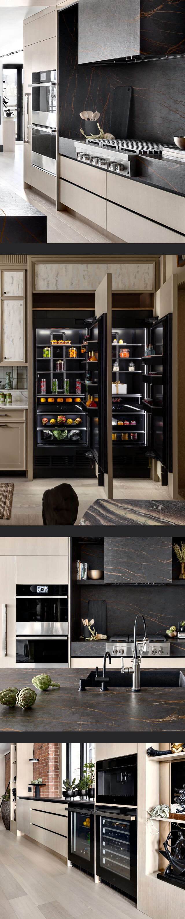 A collage of images incuding a JennAir® Gas Rangetop in a light-colored kitchen with dark accents; a pair of JennAir® Columns, a JennAir® Double Wall Oven, Gas Rangetop and Custom Hood Liner in a kitchen; a JennAir® Glass Door Refrigerator, Wine Cellar and Built-In Coffee.