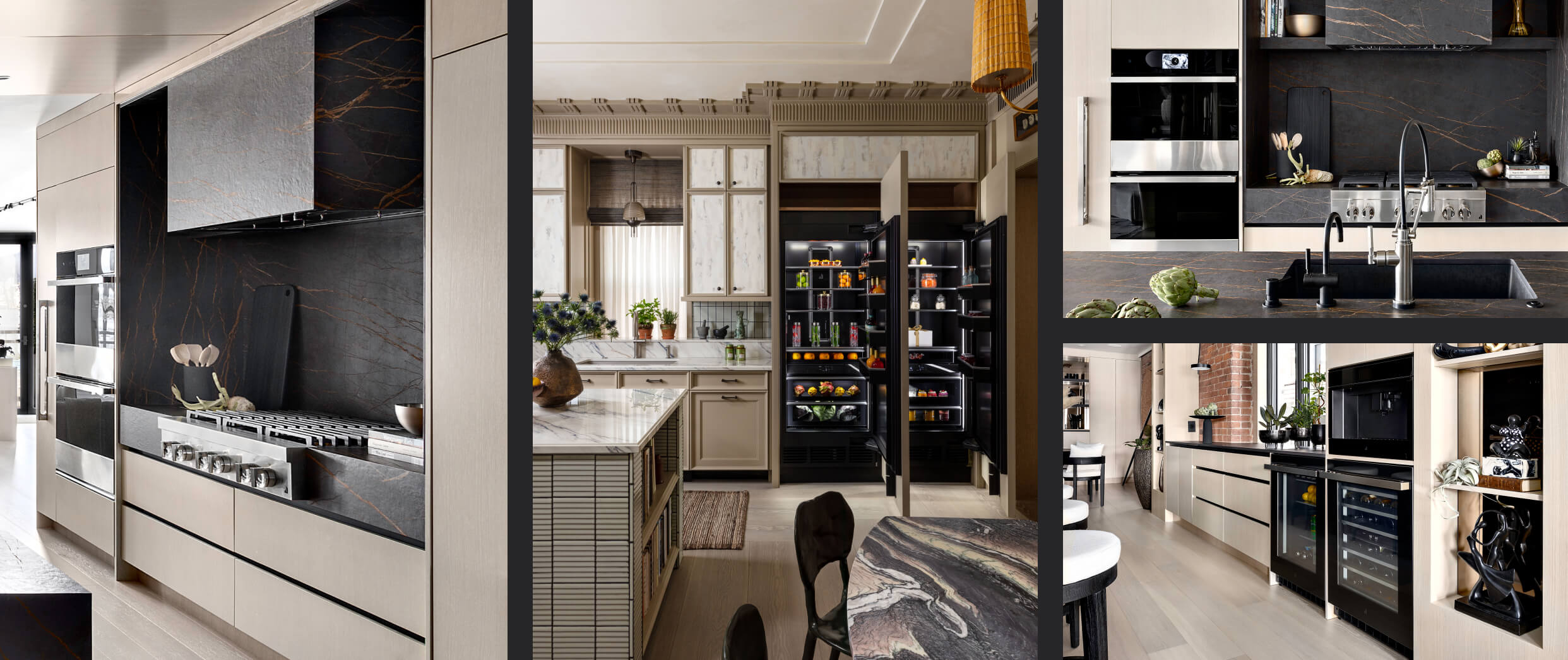 A collage of images incuding a JennAir® Gas Rangetop in a light-colored kitchen with dark accents; a pair of JennAir® Columns, a JennAir® Double Wall Oven, Gas Rangetop and Custom Hood Liner in a kitchen; a JennAir® Glass Door Refrigerator, Wine Cellar and Built-In Coffee.