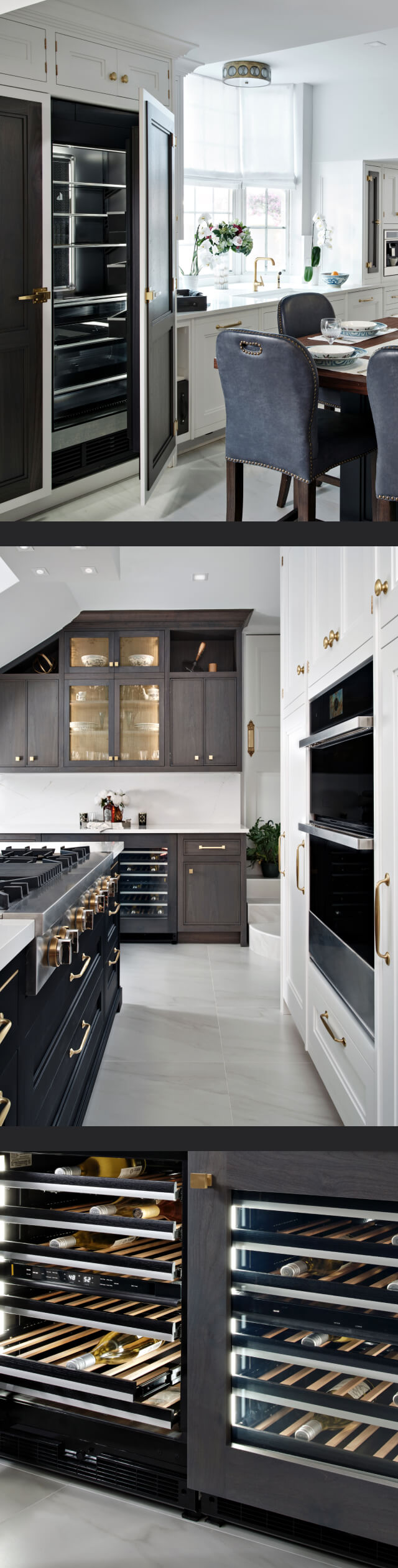 A collage of images including a kitchen with dark cabinets and brass accents; another view of the kitchen featuring upper cabinetry; two stocked wine cellars.
