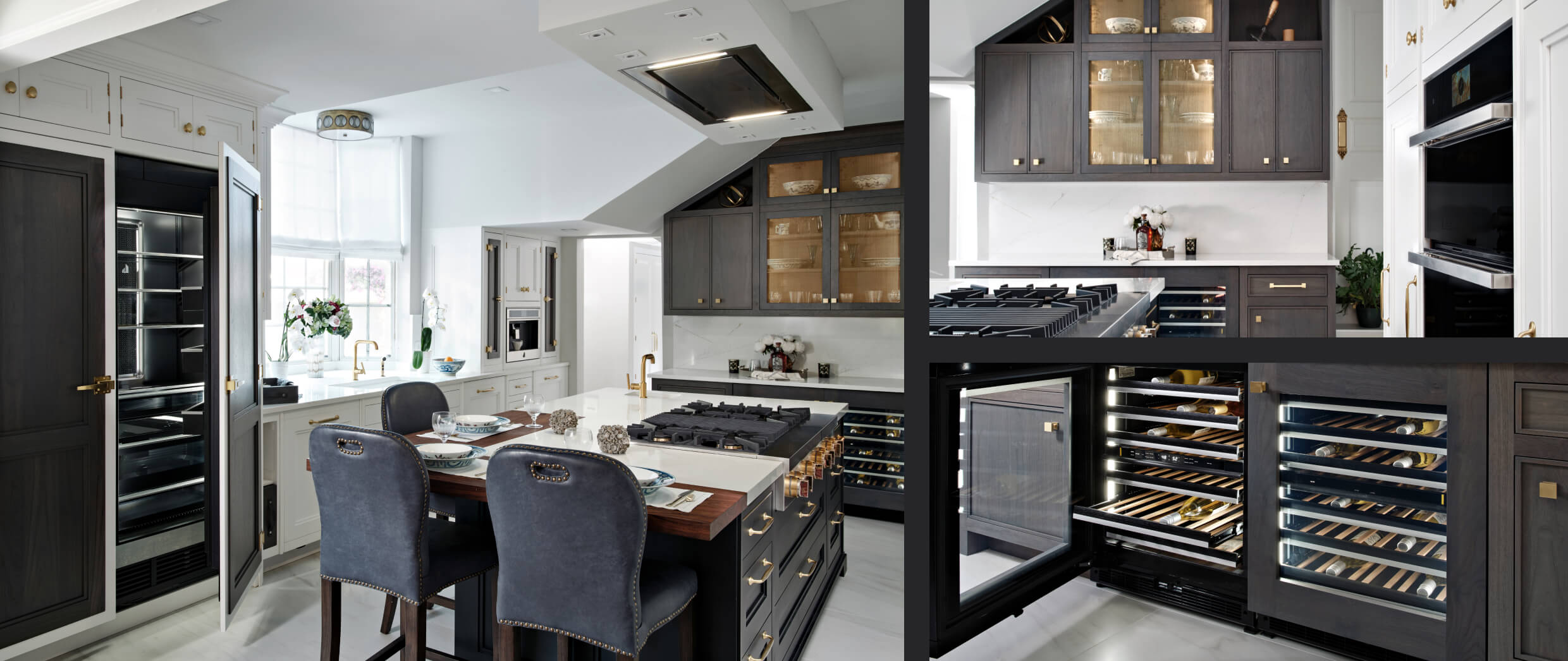 A collage of images including a kitchen with dark cabinets and brass accents; another view of the kitchen featuring upper cabinetry; two stocked wine cellars.