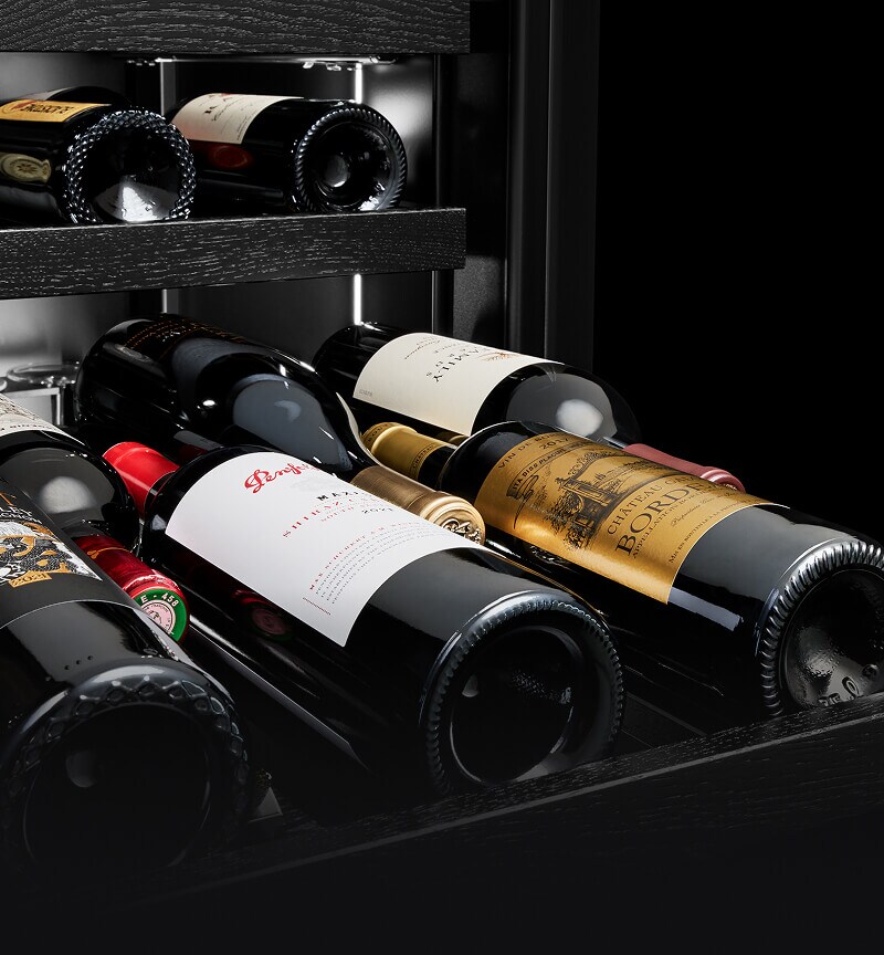 Bottles of wine in the JennAir wine column.