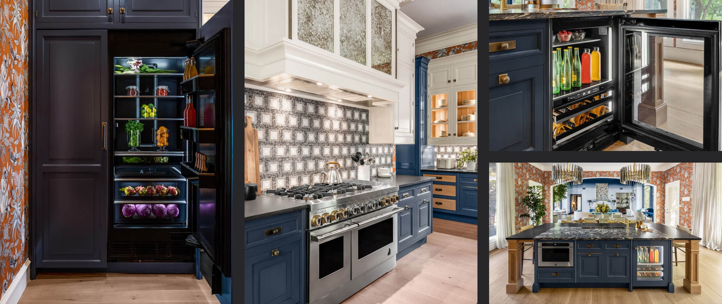 A collage of images including a pair of JennAir® Columns fitted with custom wooden panels; a JennAir® RISE™ Professional-Style Range in the kitchen; an open JennAir® Beverage Center; an overall view of the kitchen showing a microwave drawer and beverage center.