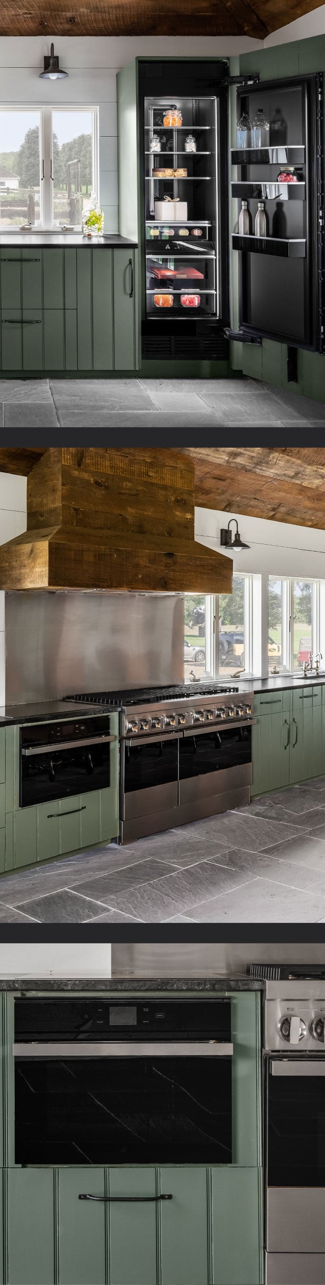 A collage of images including a view of the main bank of cabinets featuring a panel-ready beverage center and a column refrigerator; another view of the kitchen featuring a wall oven and range; a close up view of a wall oven.