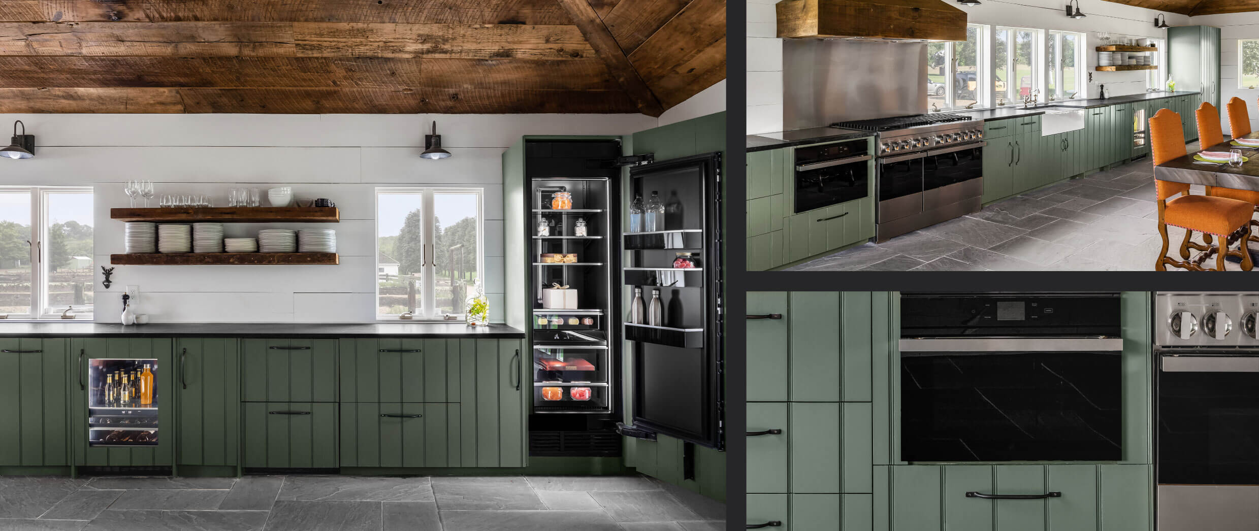 A collage of images including a view of the main bank of cabinets featuring a panel-ready beverage center and a column refrigerator; another view of the kitchen featuring a wall oven and range; a close up view of a wall oven.