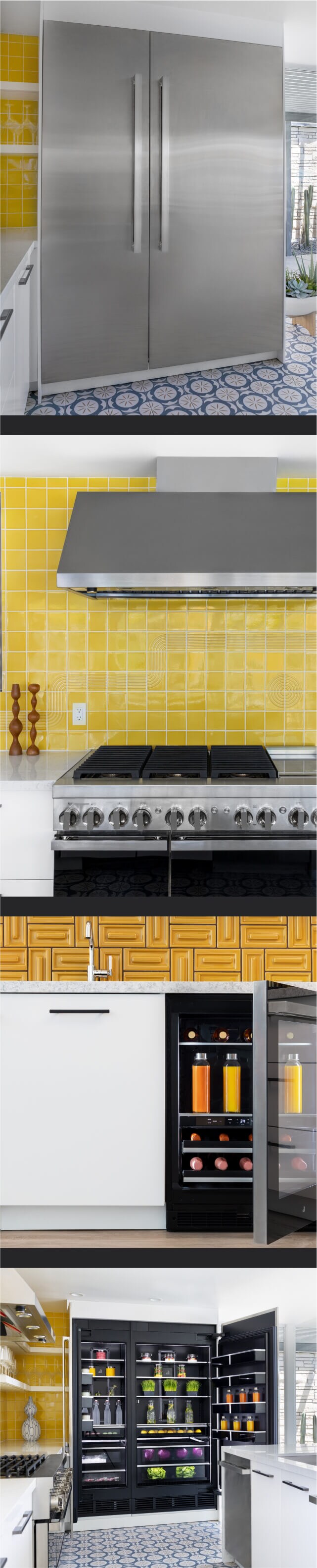 A collage of images including a pair of JennAir® NOIR™ Columns in a kitchen; a JennAir® NOIR™ Professional Range and Commercial Hood in a kitchen with a yellow backsplash; JennAir® Undercounter Refrigeration products; a whole-kitchen view featuring a pair of open JennAir® Columns with an Obsidian Interior.