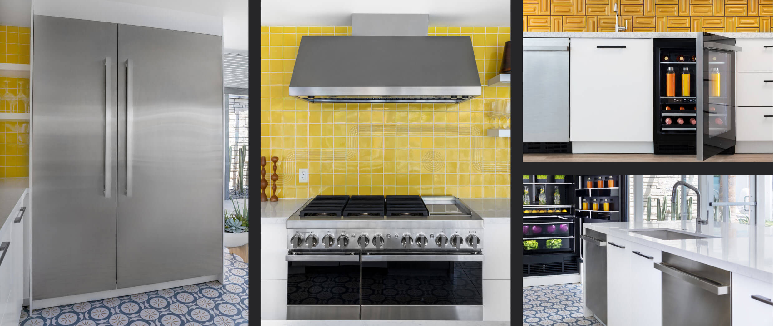 A collage of images including a pair of JennAir® NOIR™ Columns in a kitchen; a JennAir® NOIR™ Professional Range and Commercial Hood in a kitchen with a yellow backsplash; JennAir® Undercounter Refrigeration products; a whole-kitchen view featuring a pair of open JennAir® Columns with an Obsidian Interior.