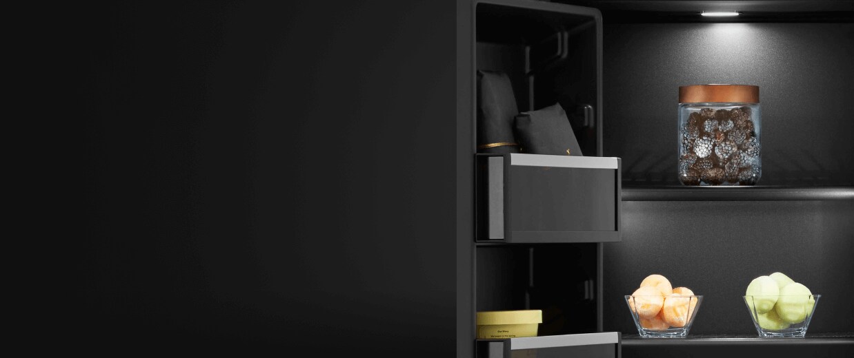 A close up on the shelves and door bins of an Obsidian interior refrigerator.