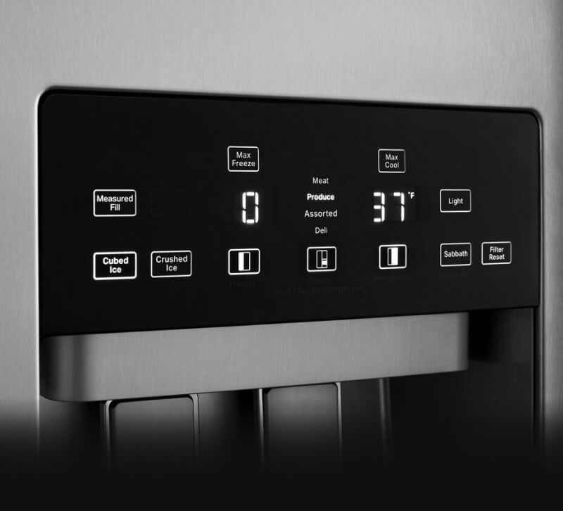 The touch controls on the exterior of a built-in refrigerator.