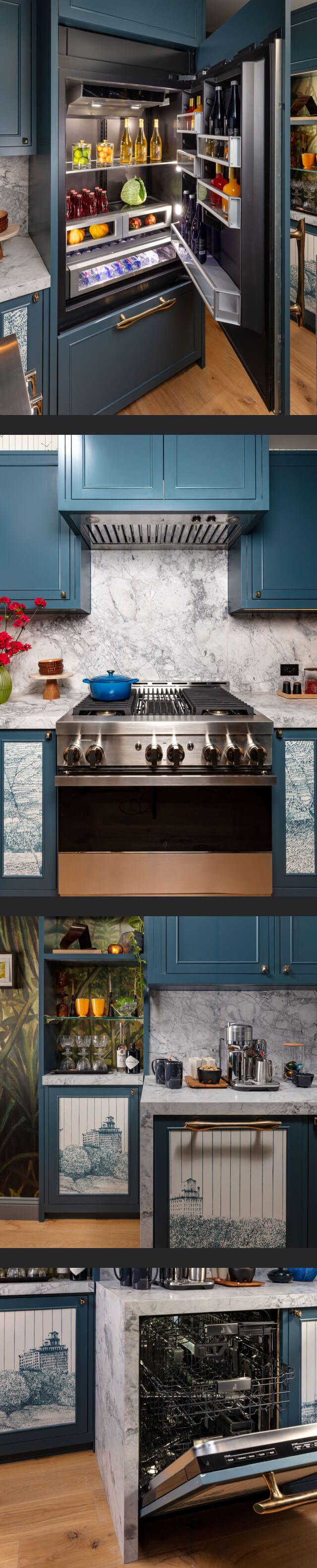 A collage of images including a kitchen featuring a JennAir® Range; a kitchen featuring two JennAir® Columns; close up of a JennAir® Beverage Center fitted with custom wooden panels; a complete view of the kitchen’s design.