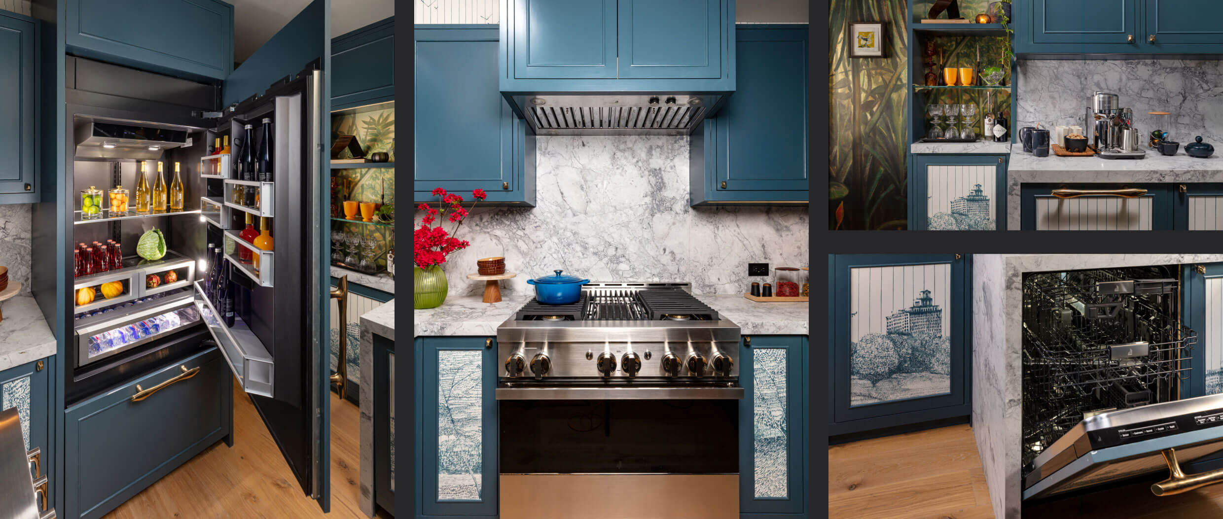 A collage of images including a kitchen featuring a JennAir® Range; a kitchen featuring two JennAir® Columns; close up of a JennAir® Beverage Center fitted with custom wooden panels; a complete view of the kitchen’s design.