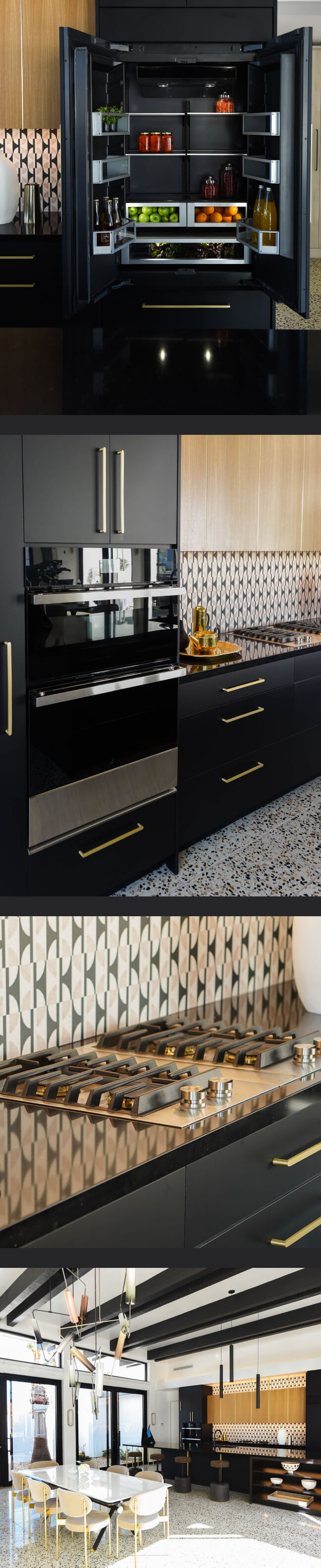 A collage of images including an open JennAir® French door built-in refrigerator fitted with black panels to match the surrounding cabinetry; a NOIR™ combination microwave wall oven installed in a bank of cabinets; a pair of 2-burner gas custom cooktops with a 4-inch downdraft strip installed in the center; a view of the entire kitchen and dining room from a distance.